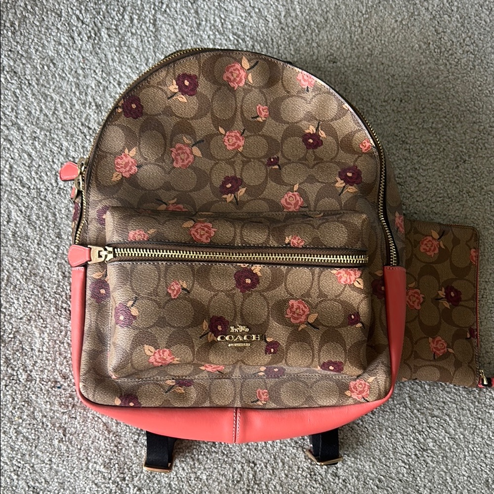 Coach Brown and Pink Floral Backpack - Picture 1 of 1